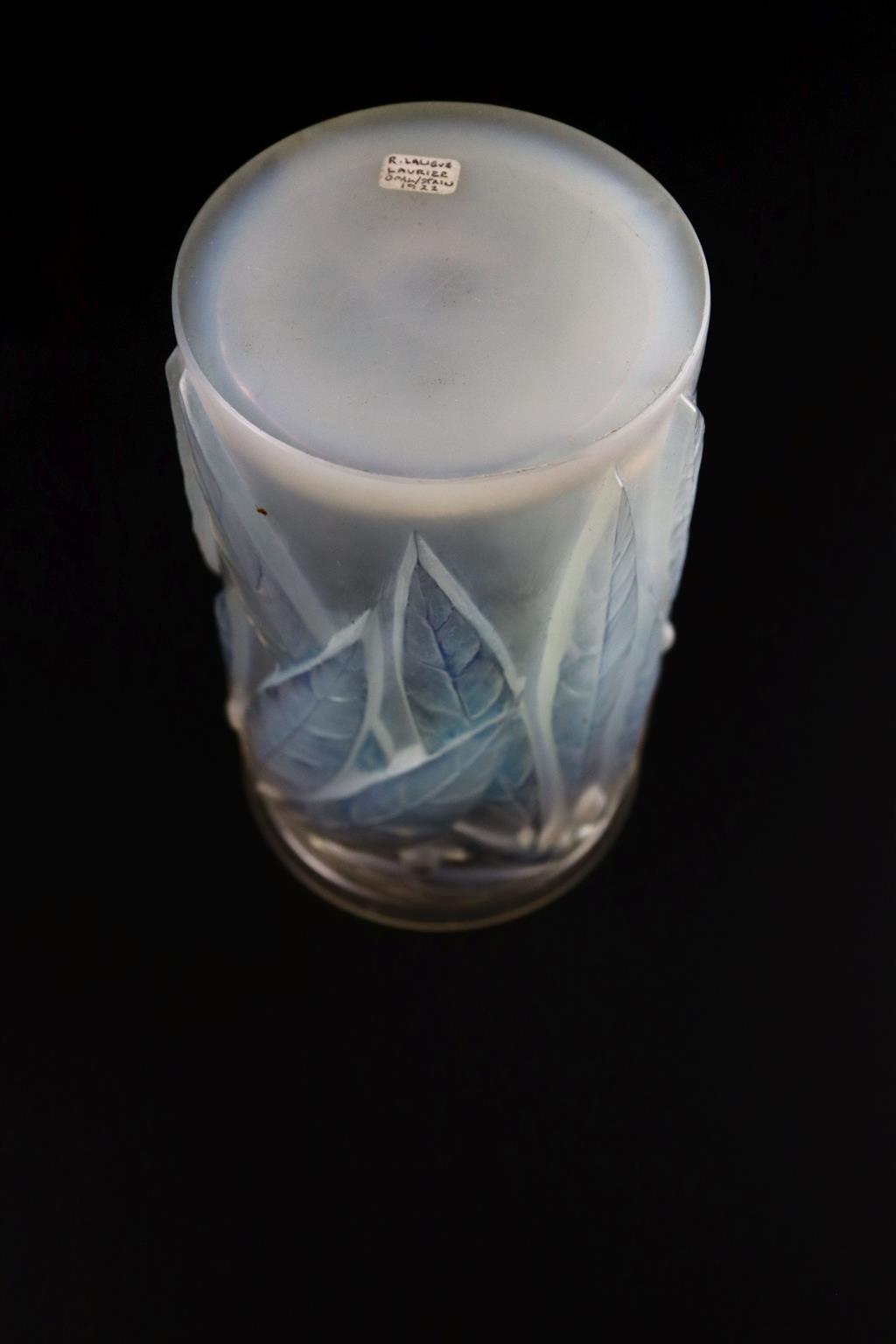 René Lalique. A pre-war opalescent and blue tinted glass Laurier pattern vase, no.947, designed in 1922, 17.7cm high